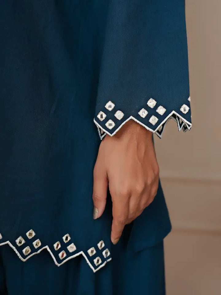 Navy Blue Mirror Embroidered Ethnic Farsi Salwar Set
