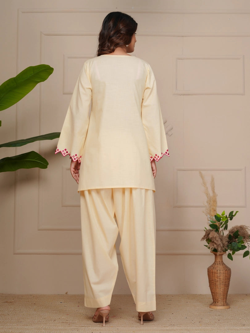 Off White Mirror Embroidered Ethnic Farsi Salwar Set