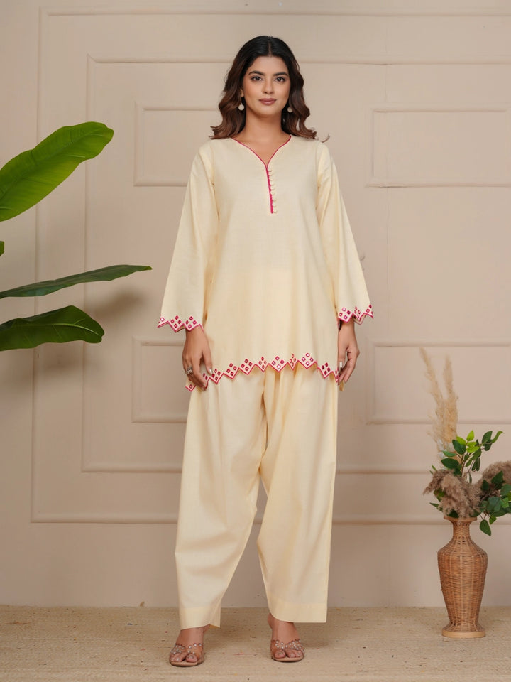 Off White Mirror Embroidered Ethnic Farsi Salwar Set