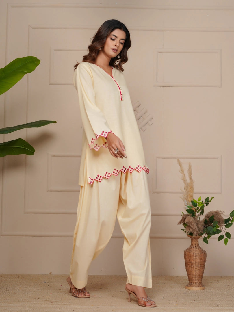 Off White Mirror Embroidered Ethnic Farsi Salwar Set