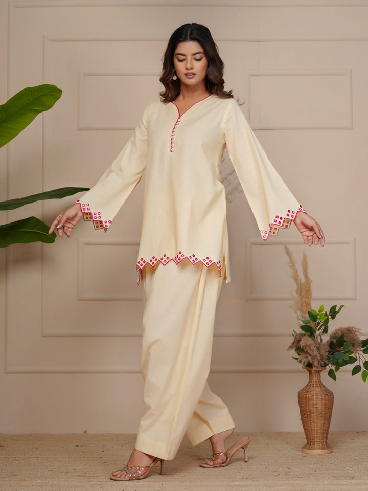 Off White Mirror Embroidered Ethnic Farsi Salwar Set