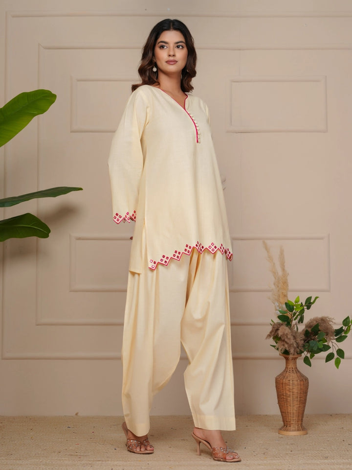 Off White Mirror Embroidered Ethnic Farsi Salwar Set