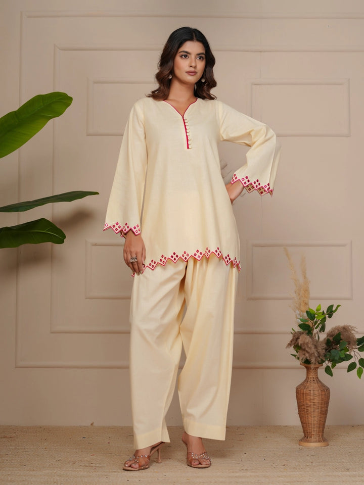 Off White Mirror Embroidered Ethnic Farsi Salwar Set