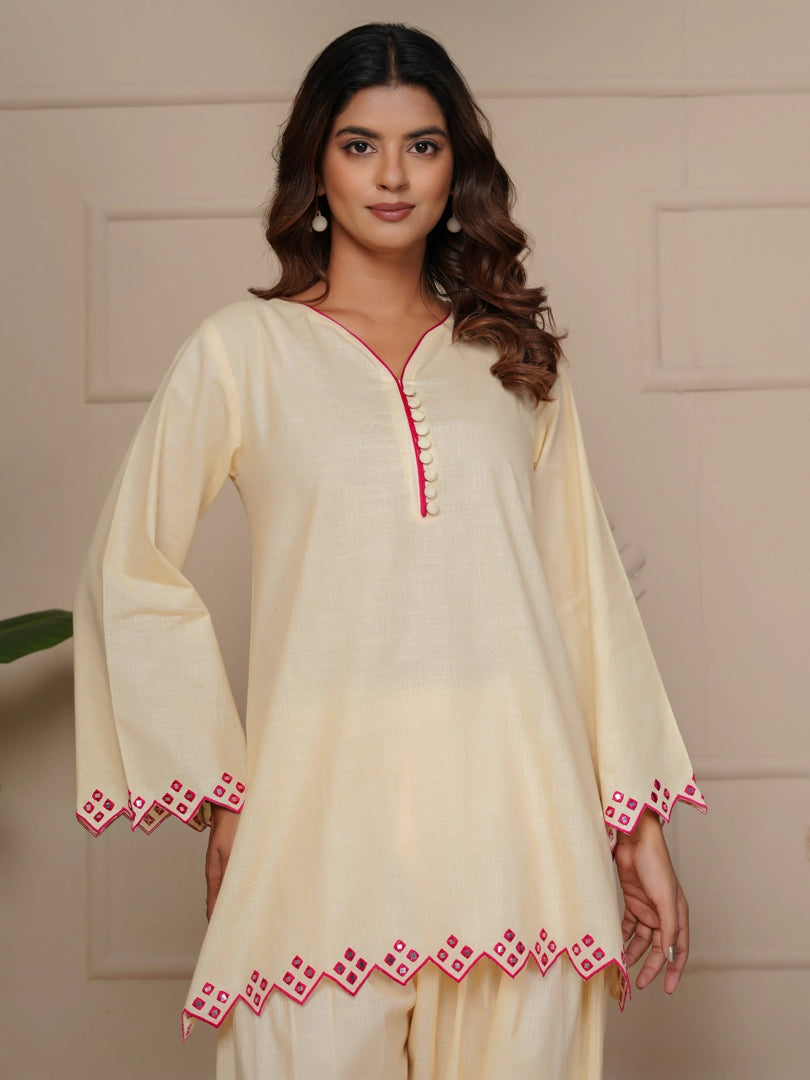 Off White Mirror Embroidered Ethnic Farsi Salwar Set