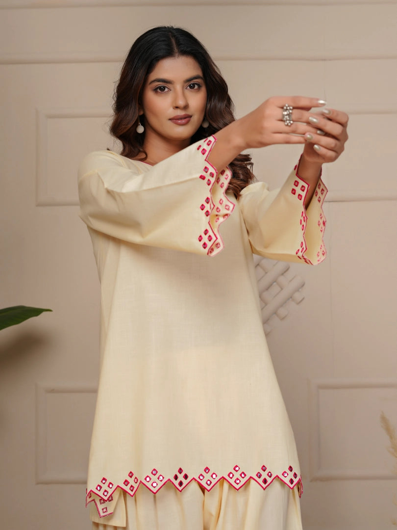 Off White Mirror Embroidered Ethnic Farsi Salwar Set