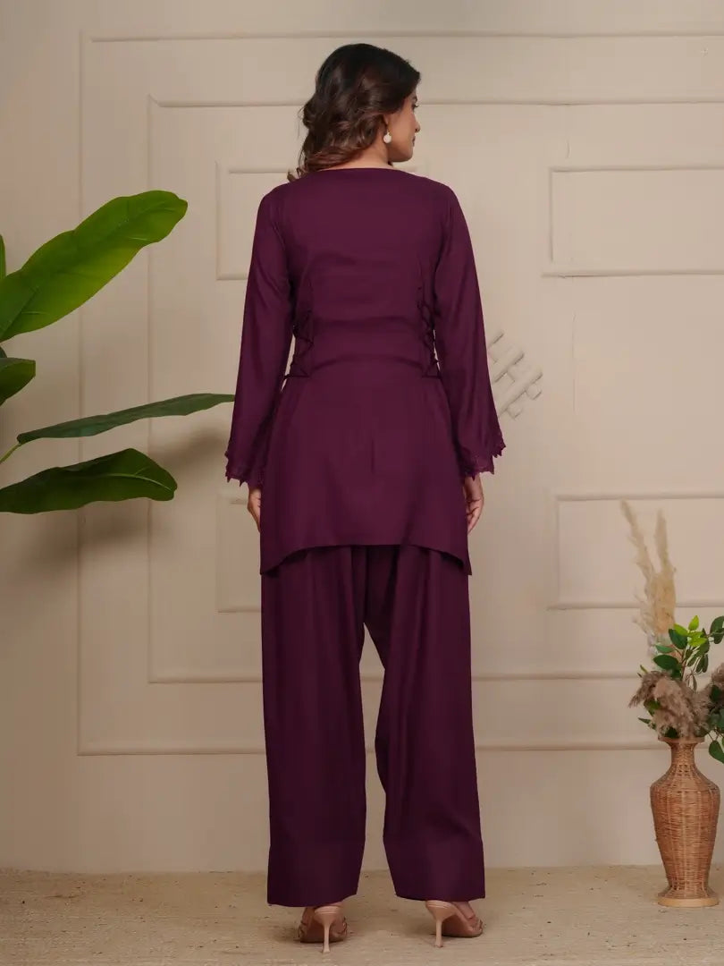 Wine Elegant Embroidered Co-ord Set