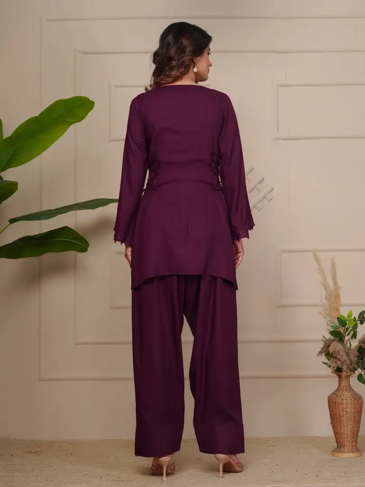 Wine Elegant Embroidered Co-ord Set