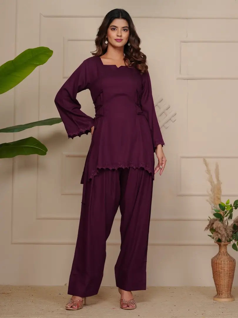 Wine Elegant Embroidered Co-ord Set