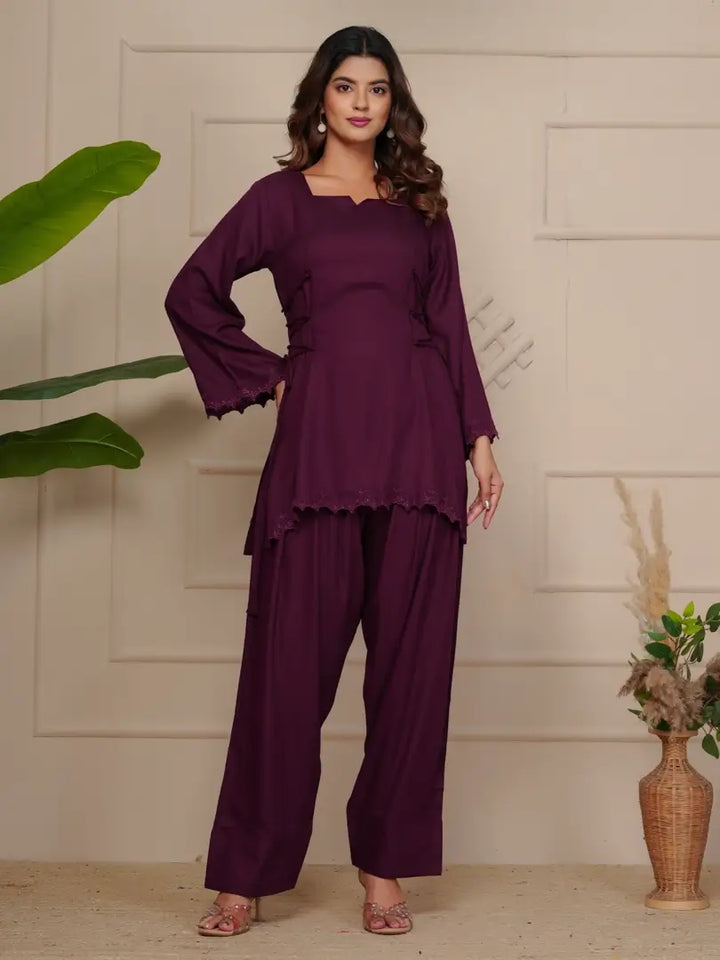 Wine Elegant Embroidered Co-ord Set