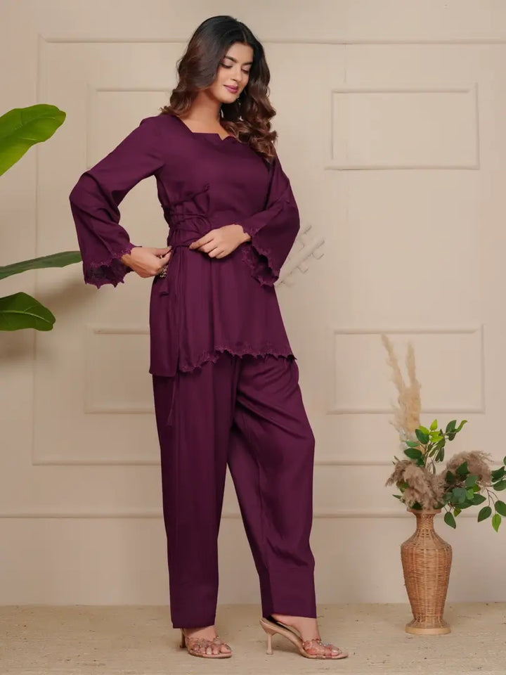 Wine Elegant Embroidered Co-ord Set