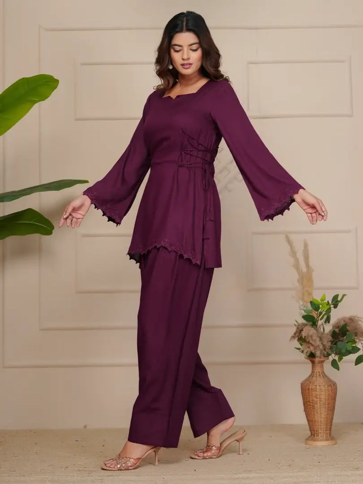 Wine Elegant Embroidered Co-ord Set