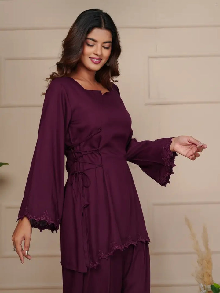 Wine Elegant Embroidered Co-ord Set