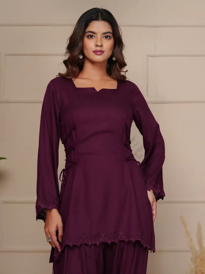 Wine Elegant Embroidered Co-ord Set
