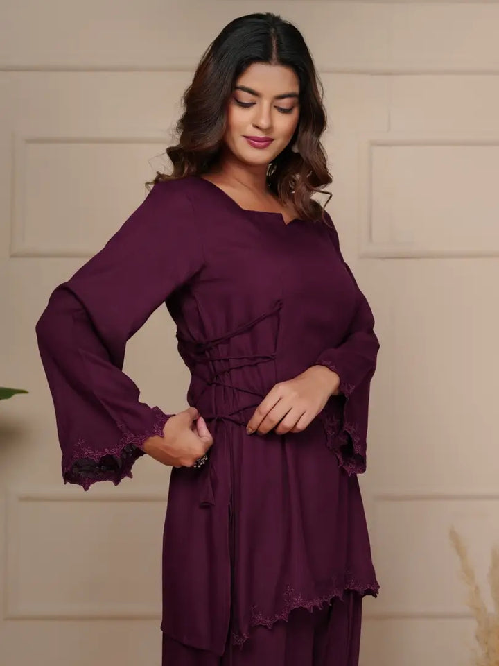 Wine Elegant Embroidered Co-ord Set