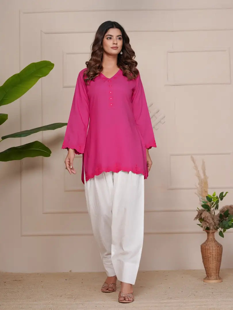 Magenta Pink Embroidered Ethinic Farsi Salwar Set