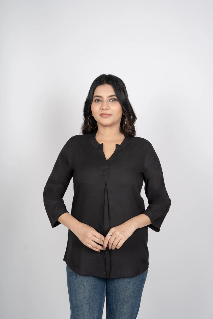 Black Viscose Pleated Top