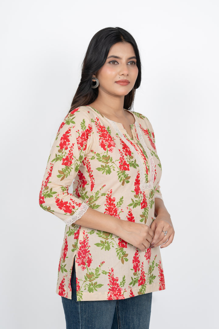 Cream Flower Short Kurti