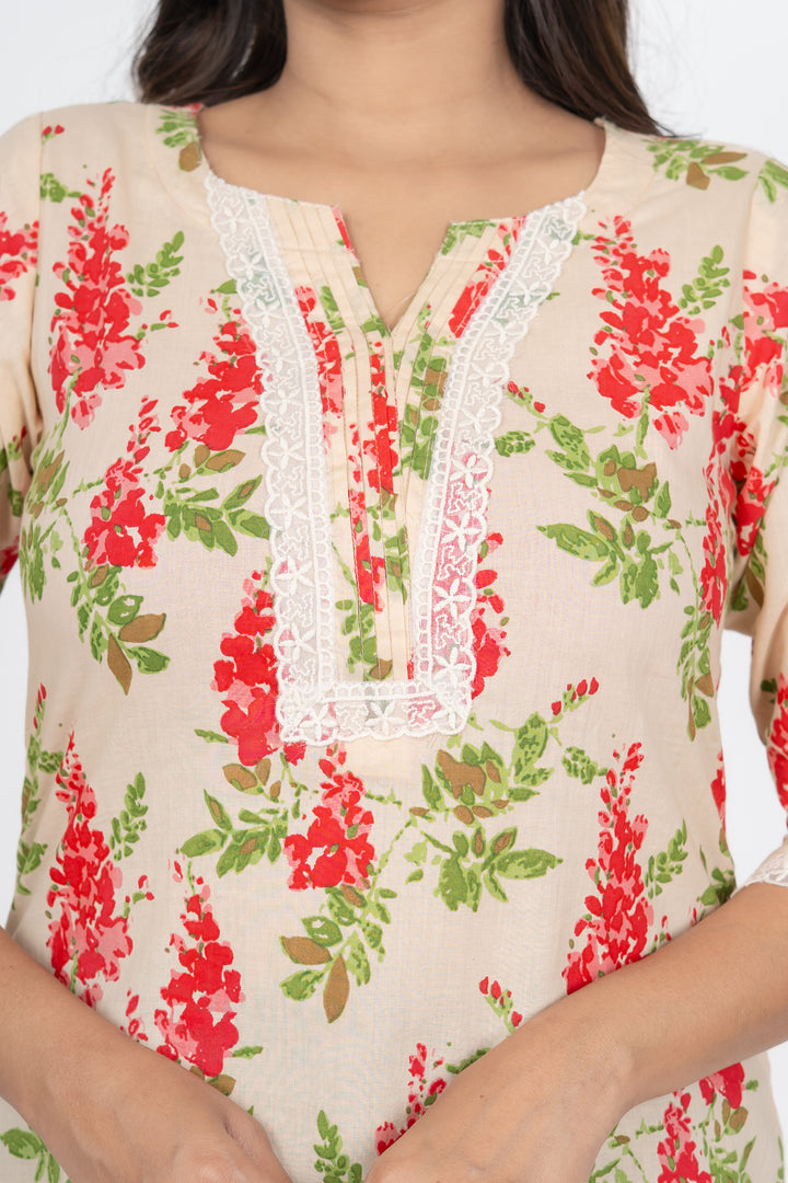 Cream Flower Short Kurti