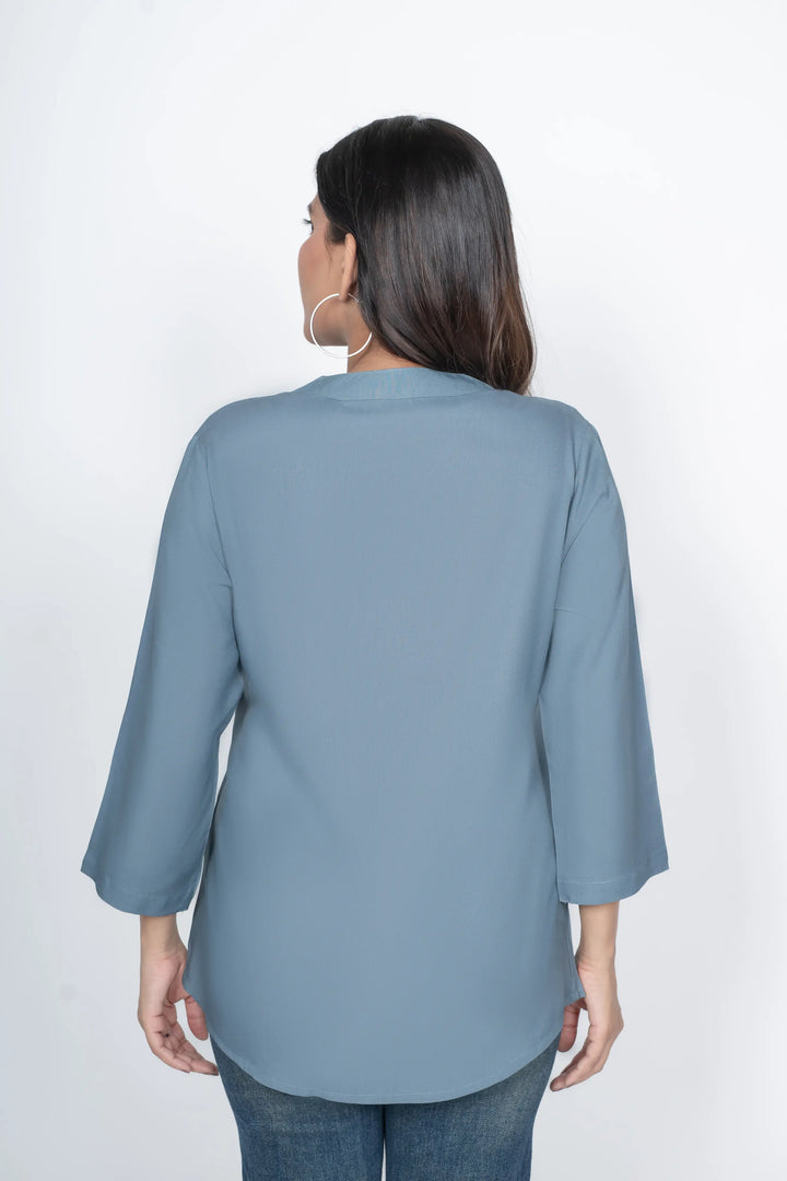 Blue Grey Viscose Pleated Top