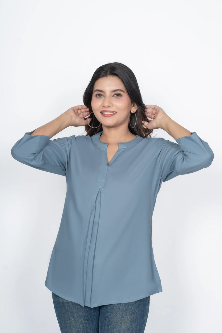 Blue Grey Viscose Pleated Top