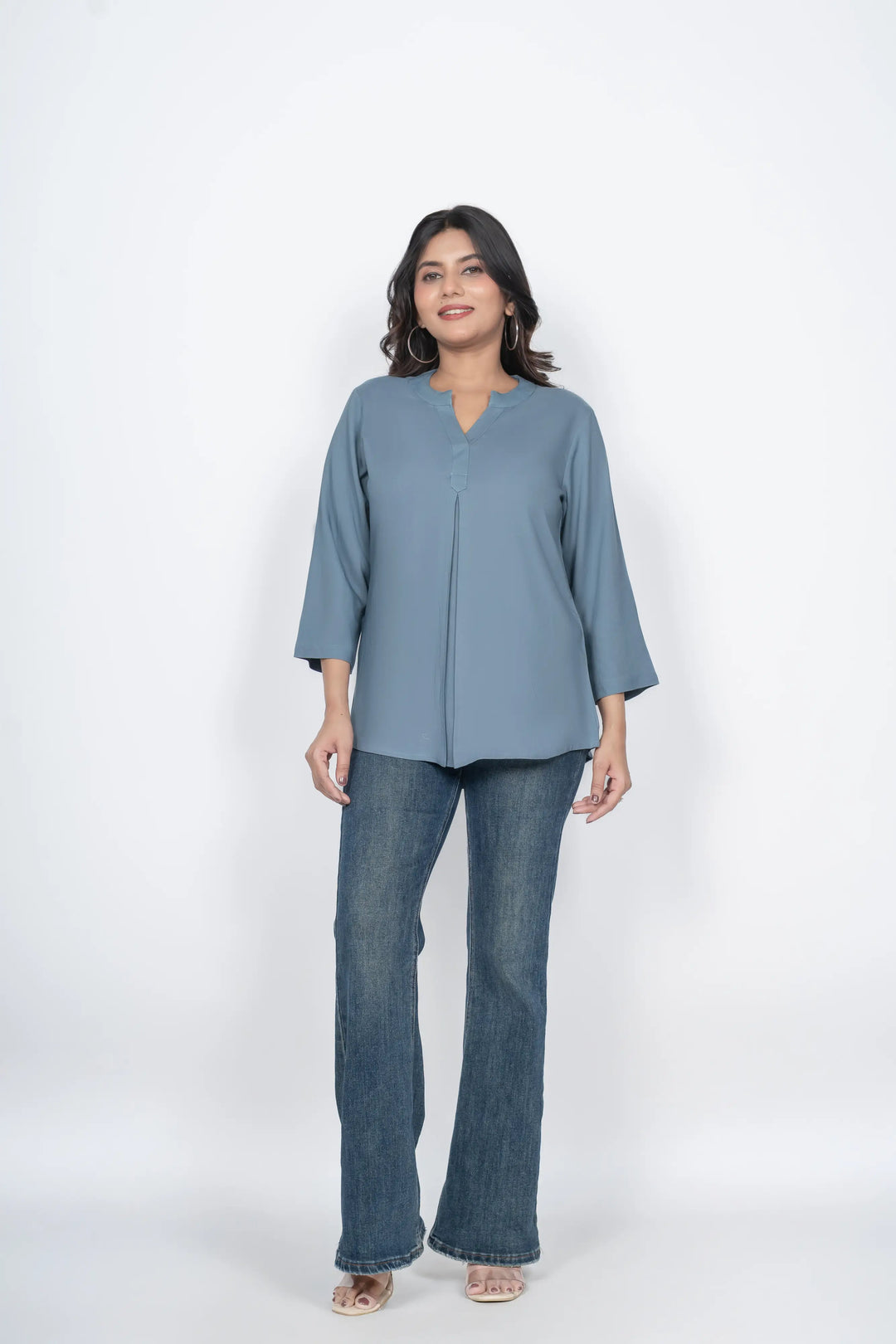 Blue Grey Viscose Pleated Top