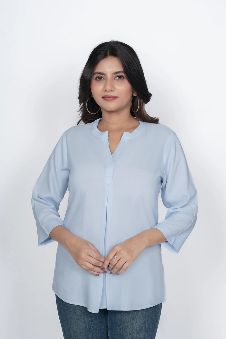 Powder Blue Viscose Pleated Top