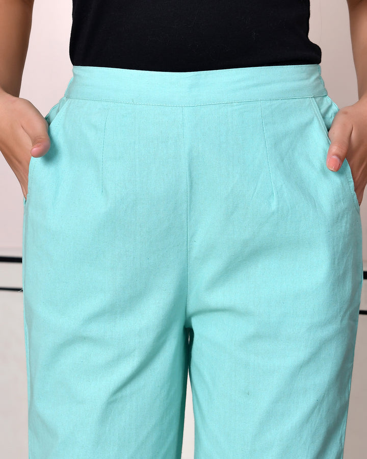 TURQUOISE SOLID AIRY LINEN PANTS
