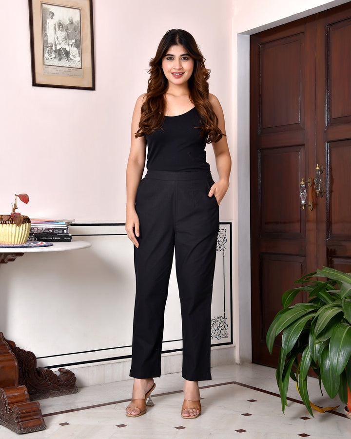 BLACK SOLID AIRY LINEN PANTS
