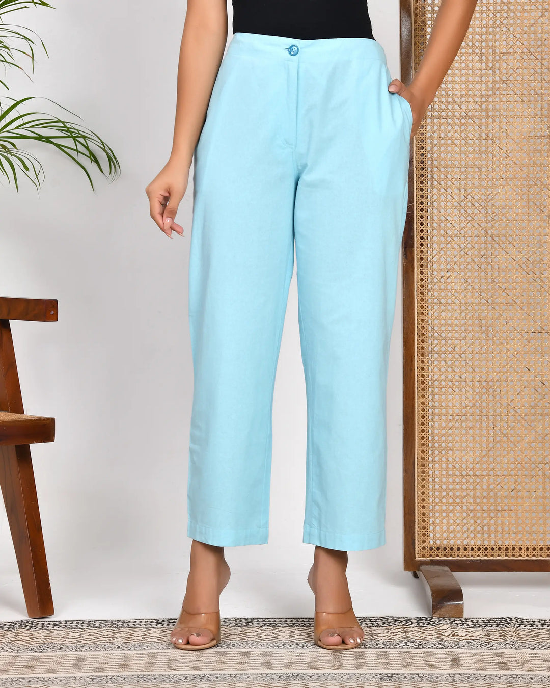 Sky Blue Solid Straight Pants