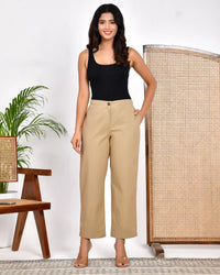 Beige Solid Straight Pants