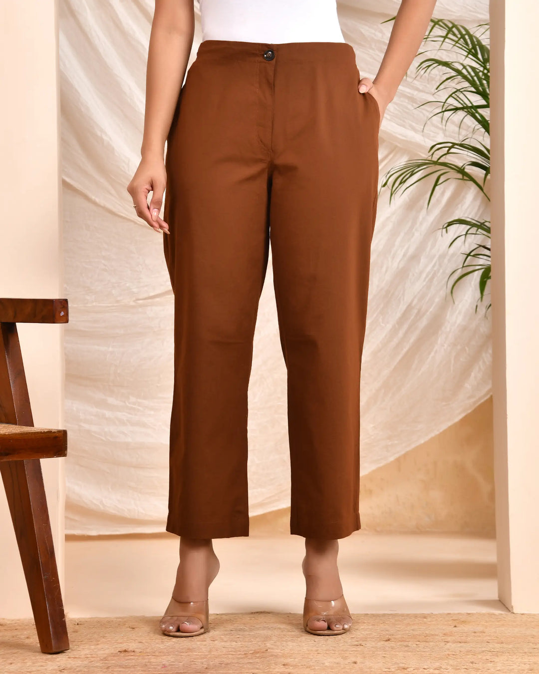 Coffee Brown Solid Straight Pants