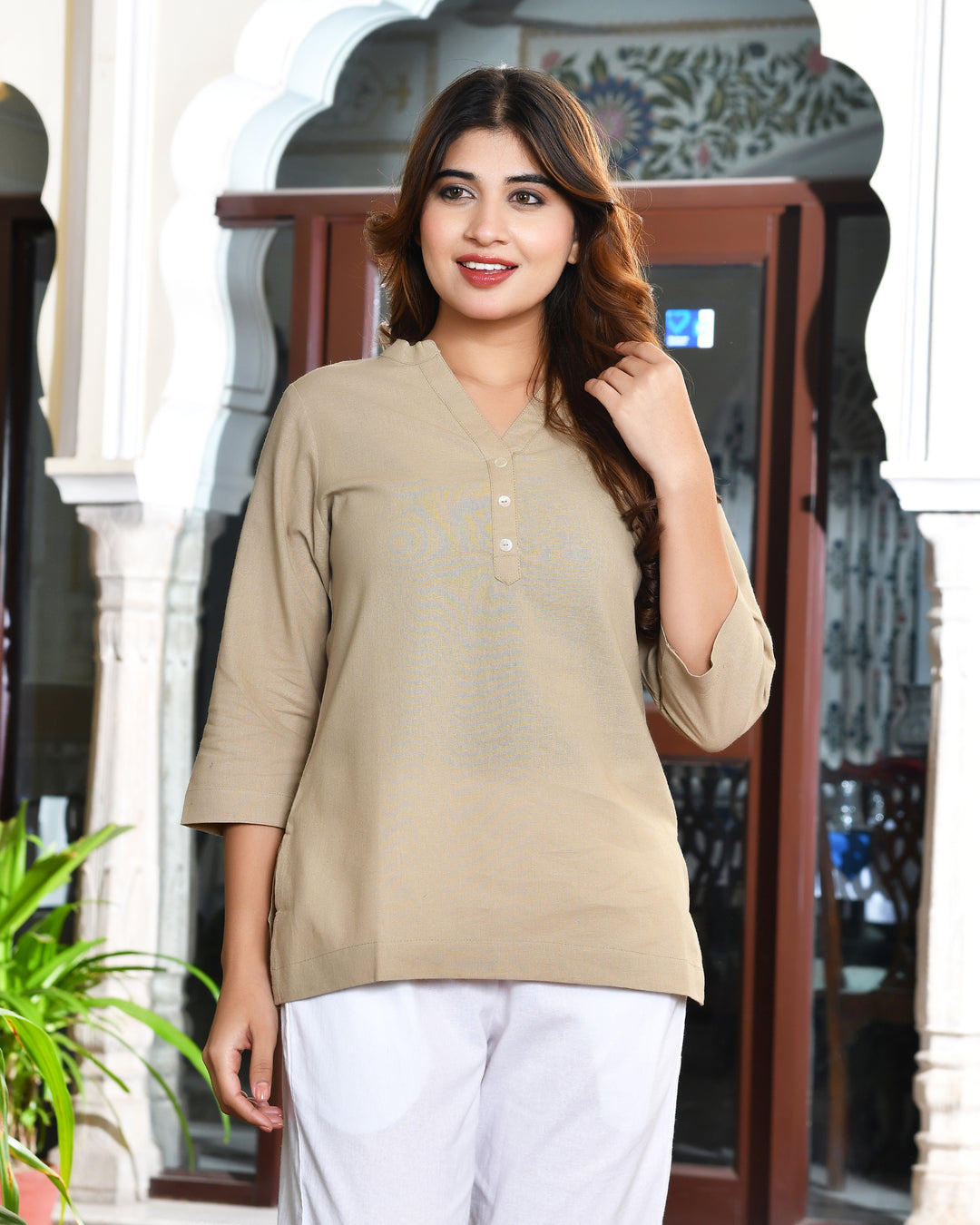 Beige airy linen short kurti