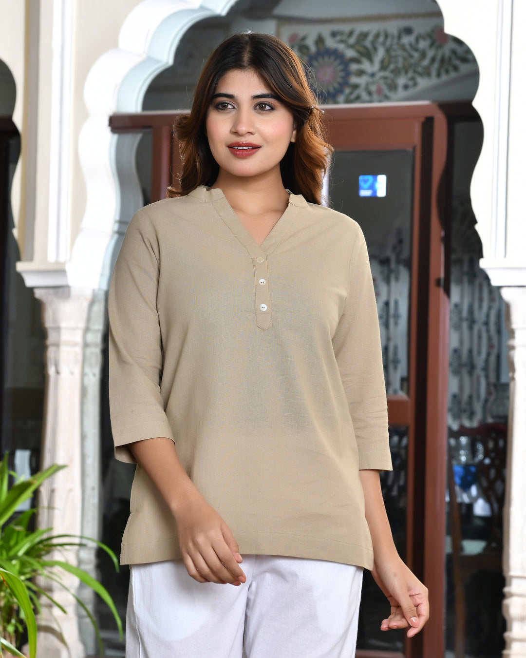 Beige airy linen short kurti