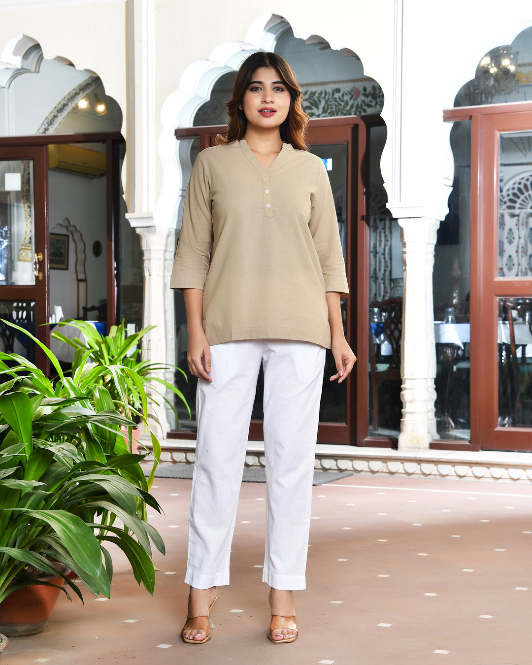 Beige airy linen short kurti