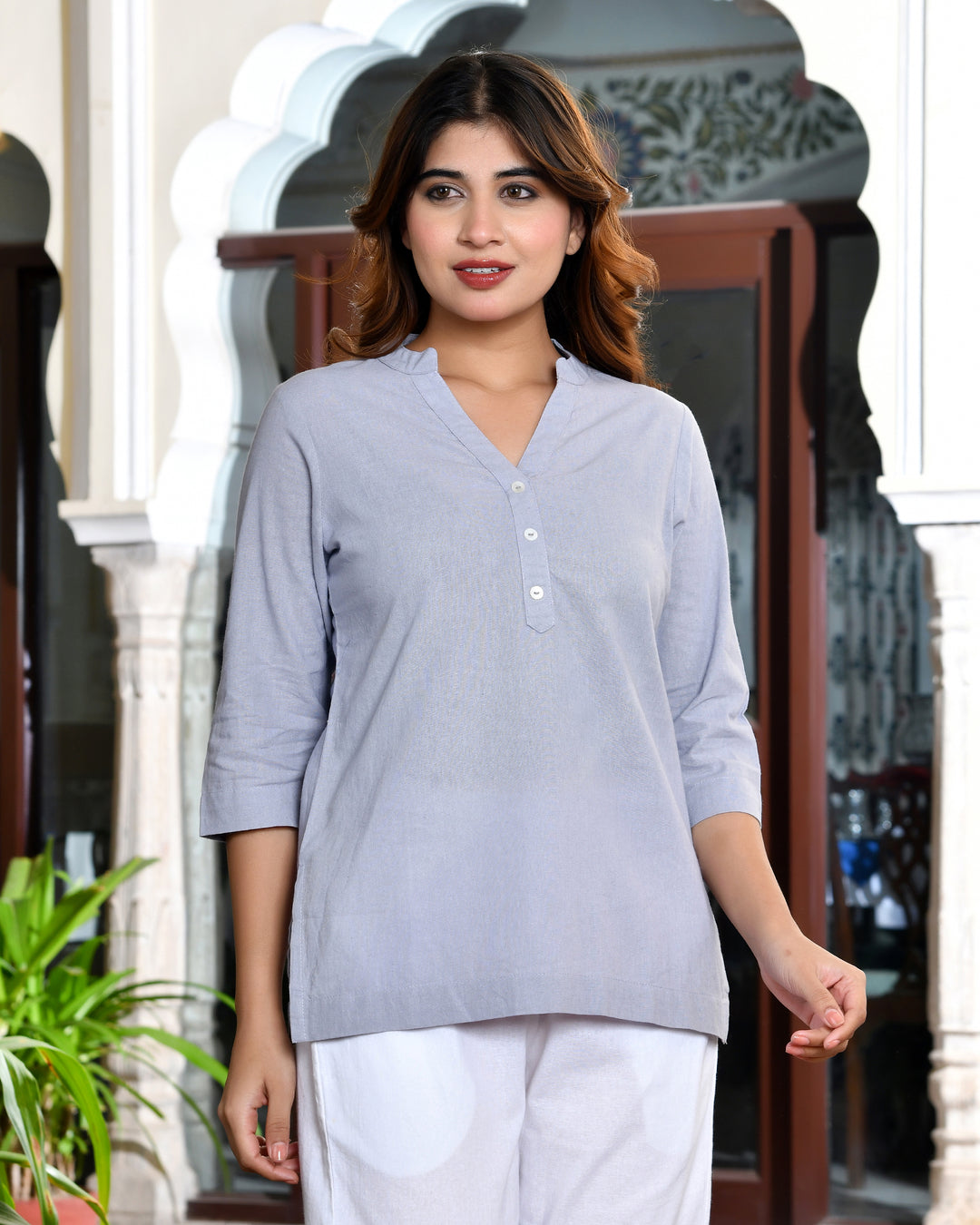 Lavender grey airy linen short kurti