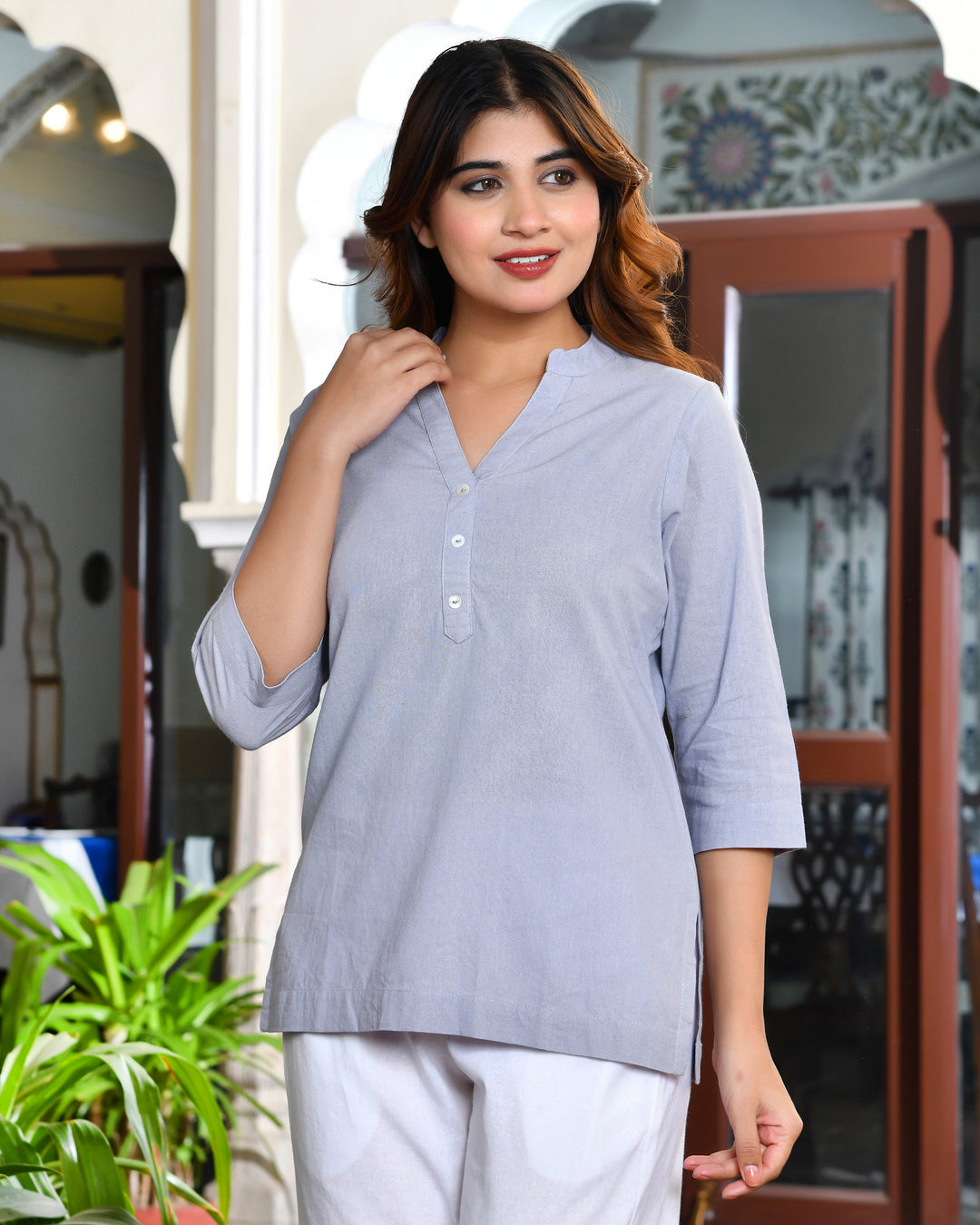 Lavender grey airy linen short kurti