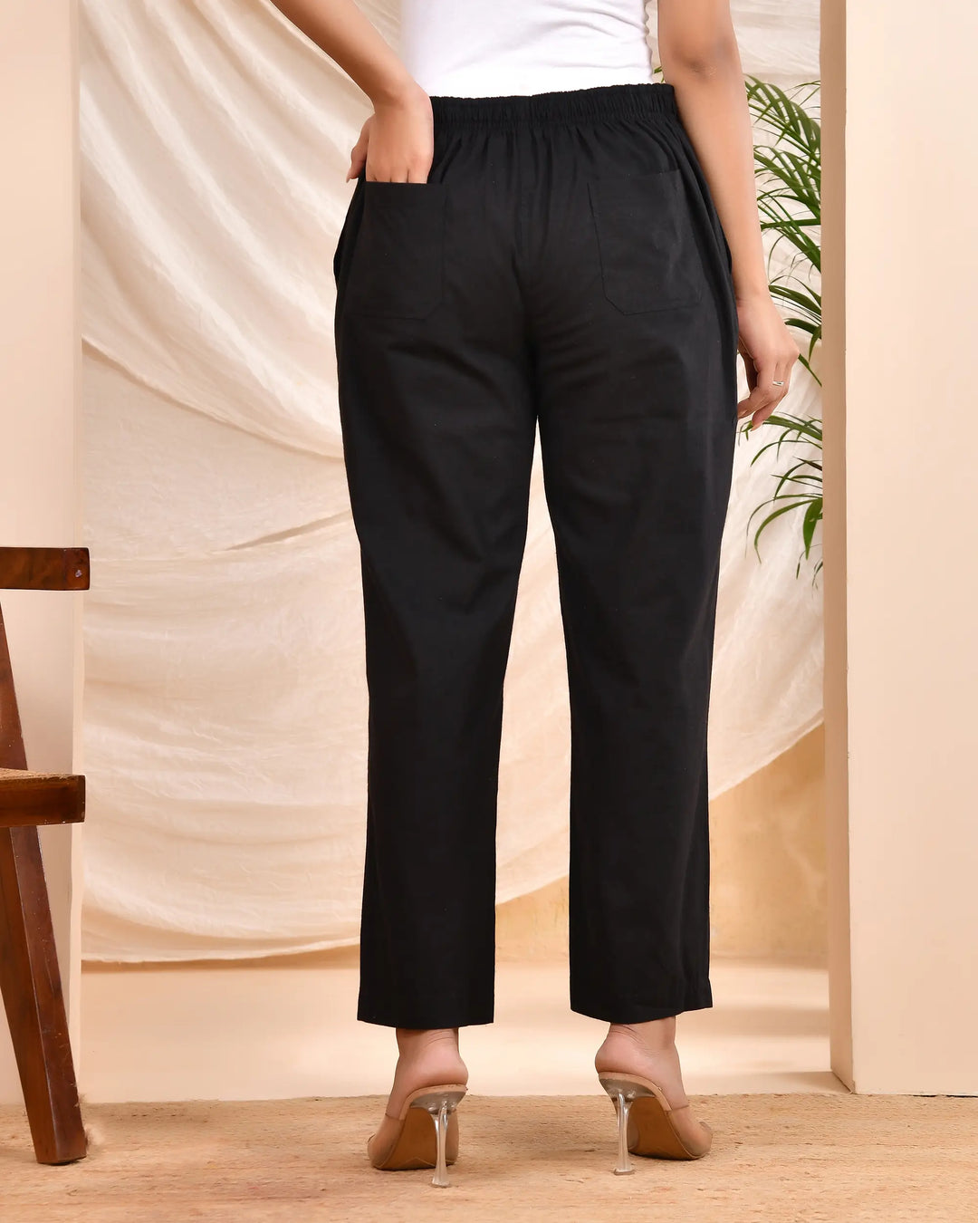 Black Solid Straight Pants