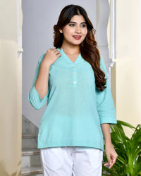 Turquoise airy linen short kurti
