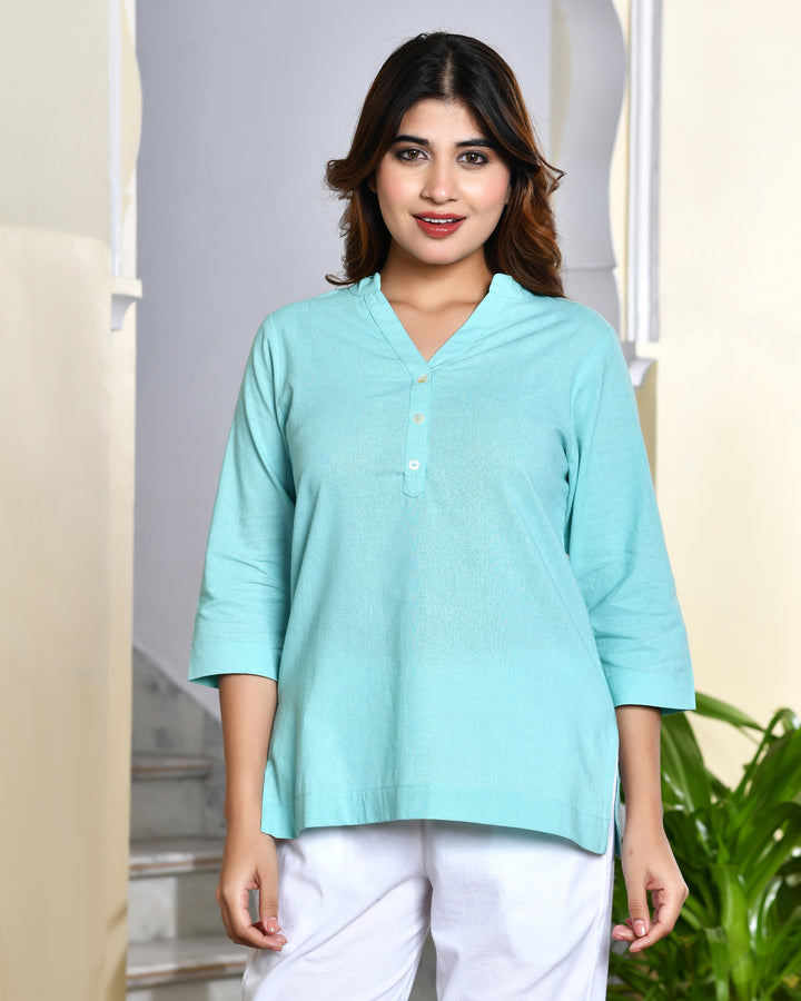 Turquoise airy linen short kurti