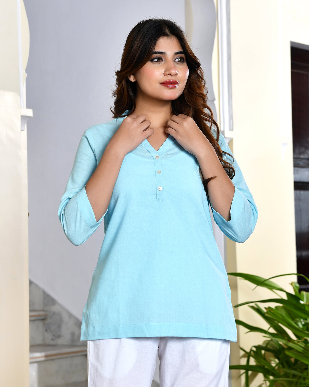Sky airy linen short kurti