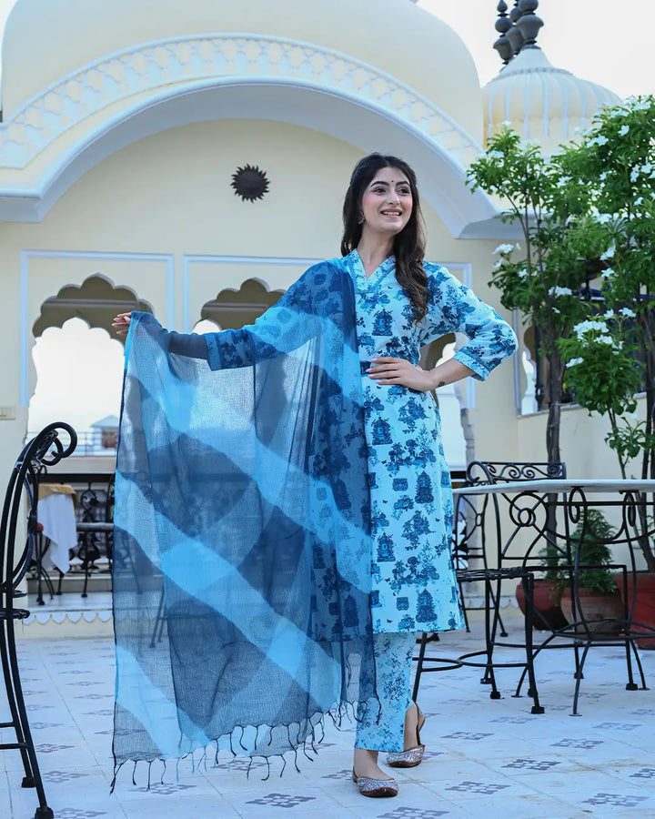 Monuments Blue Printed Cotton 3 Piece Set