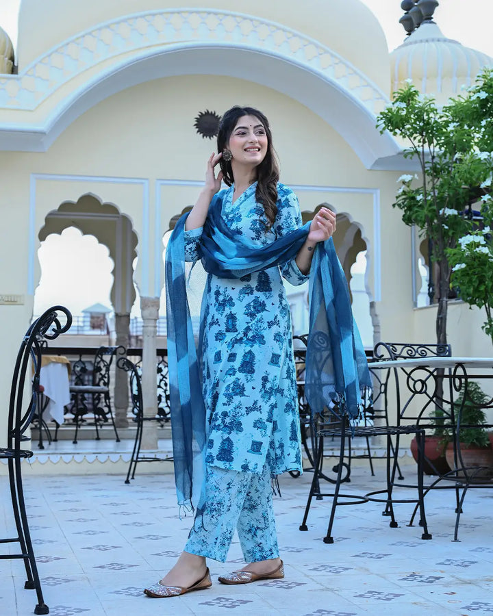 Monuments Blue Printed Cotton 3 Piece Set
