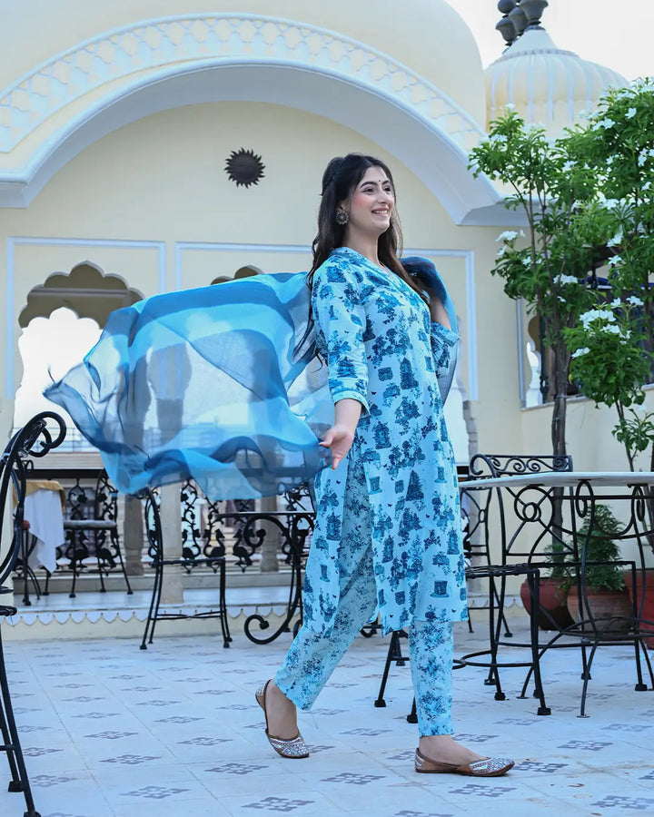 Monuments Blue Printed Cotton 3 Piece Set