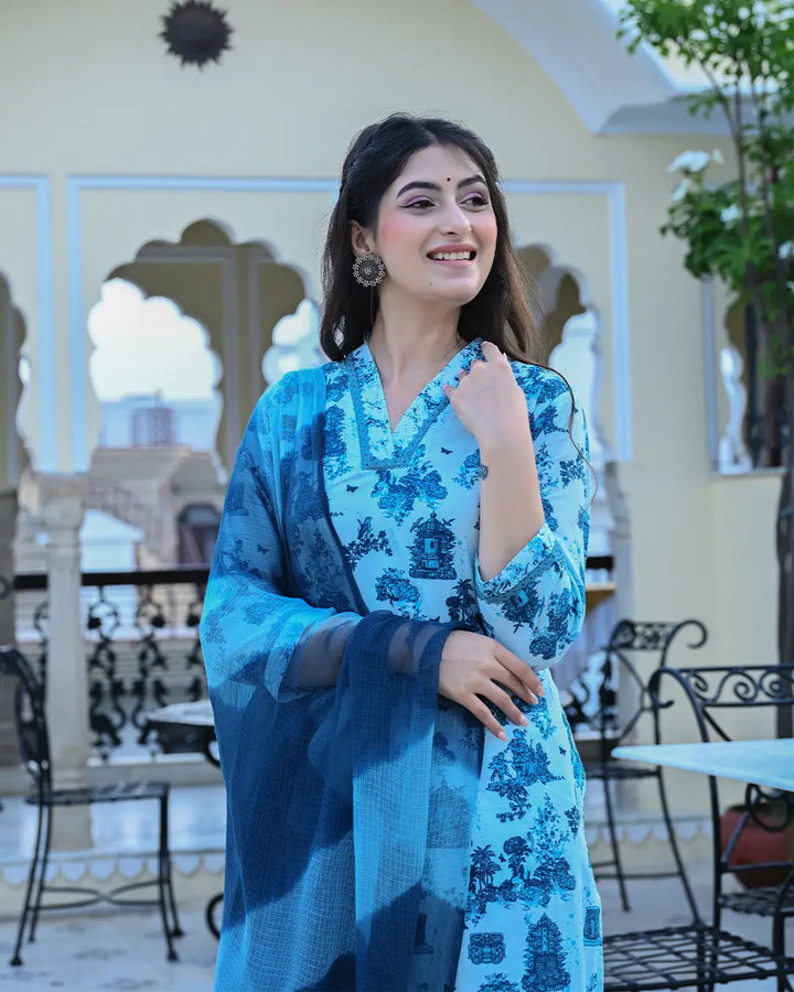 Monuments Blue Printed Cotton 3 Piece Set