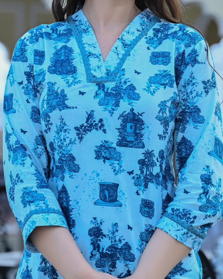 Monuments Blue Printed Cotton 3 Piece Set