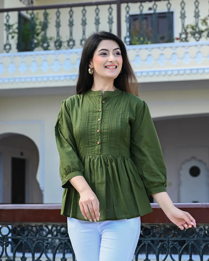 Green Solid Pintucks Top