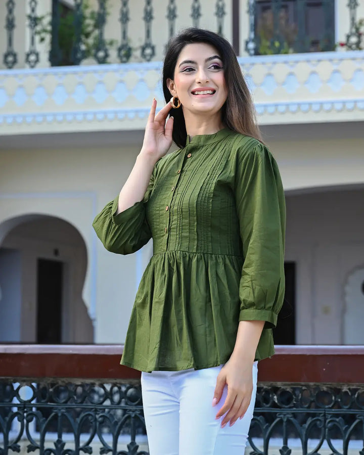 Green Solid Pintucks Top