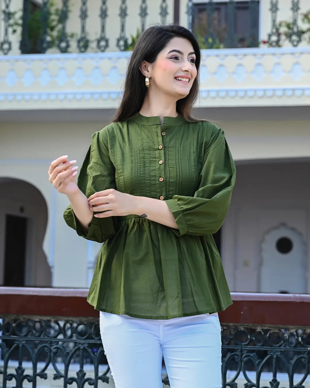 Green Solid Pintucks Top