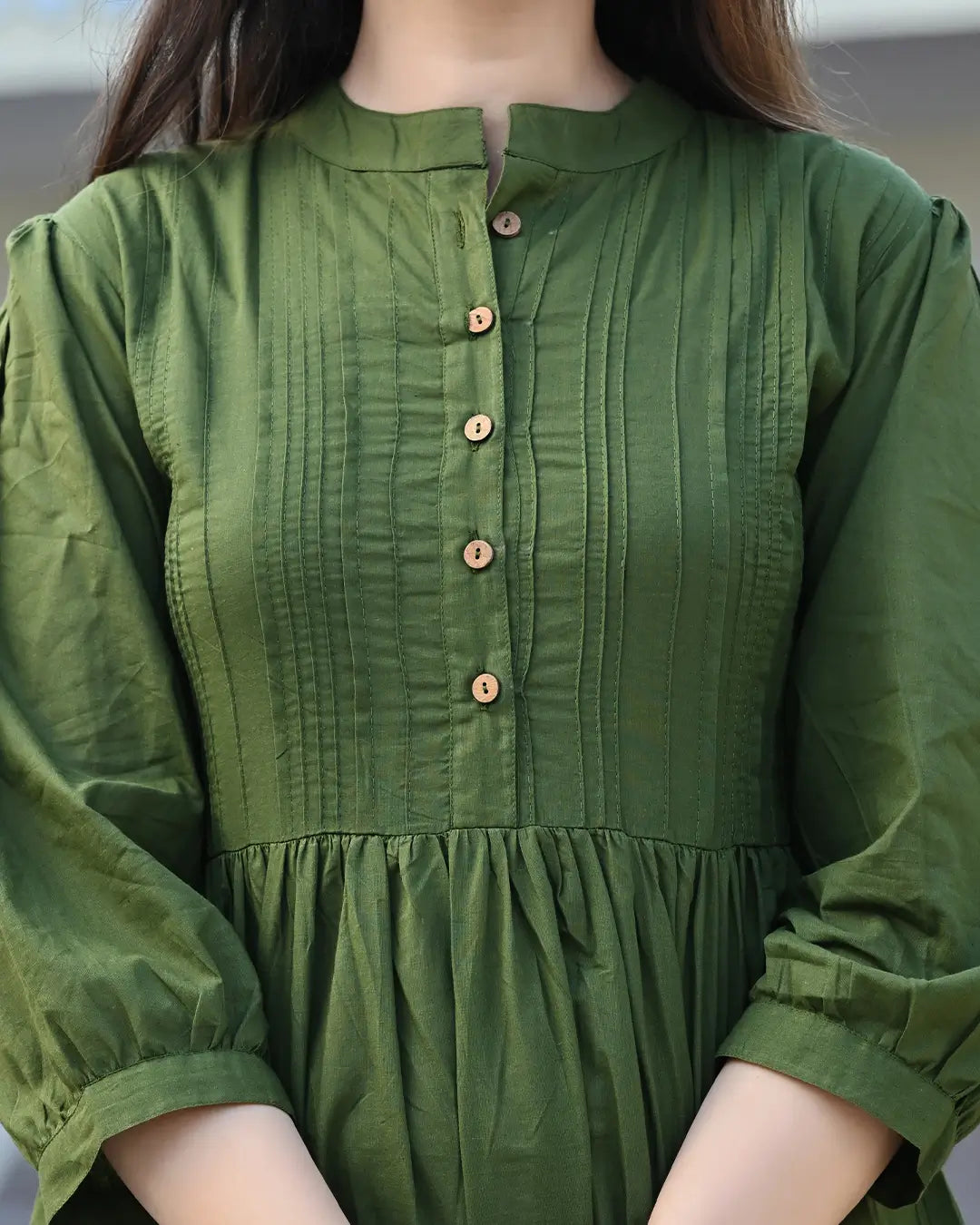 Green Solid Pintucks Top