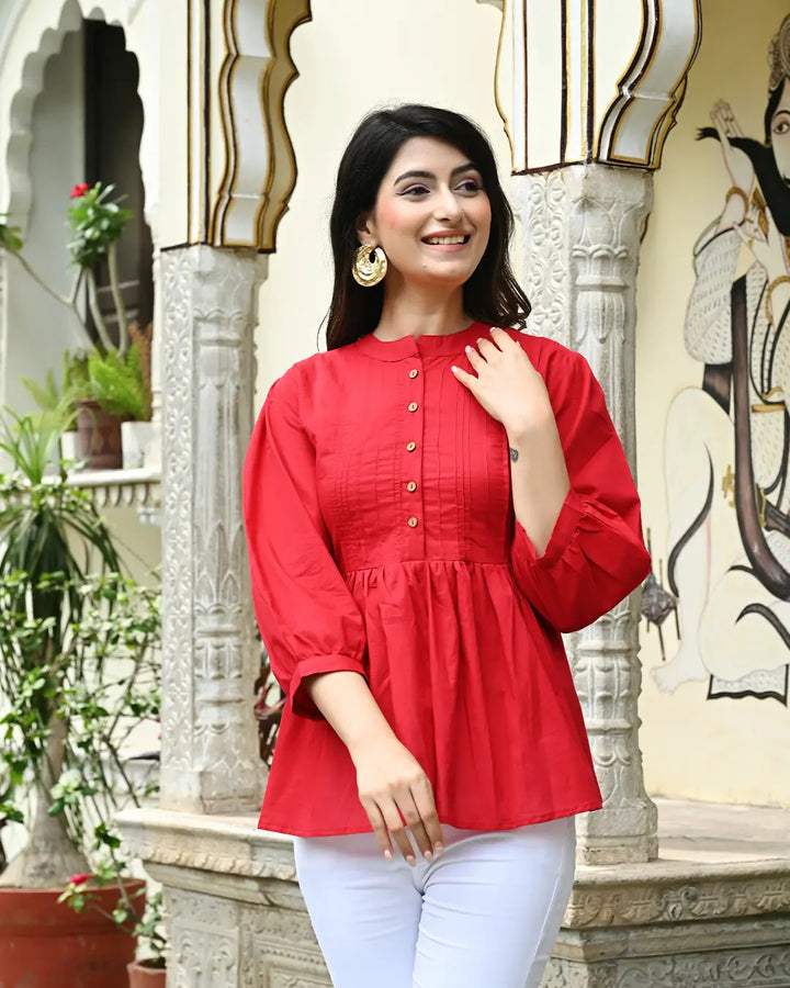 Red Solid Pintucks Top